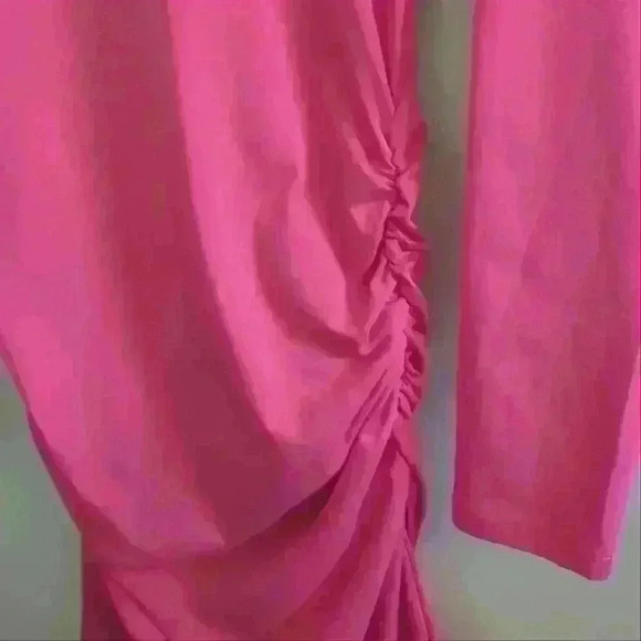 MISSUFE | Women's Hot Pink Long Sleeved Ruched Midi Bodycon Dress - Picture 3 of 5